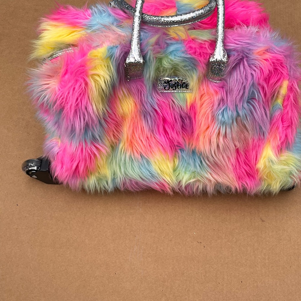 Justice Rainbow Faux Fur Telescoping Handle on Wheels Carry On